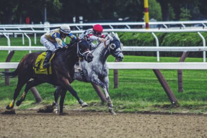 two man riding horse while racing